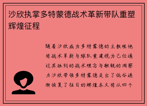 沙欣执掌多特蒙德战术革新带队重塑辉煌征程 沙欣执掌多特蒙德战术革新带队重塑辉煌征程
