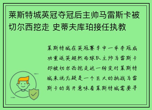 莱斯特城英冠夺冠后主帅马雷斯卡被切尔西挖走 史蒂夫库珀接任执教 莱斯特城英冠夺冠后主帅马雷斯卡被切尔西挖走 史蒂夫库珀接任执教