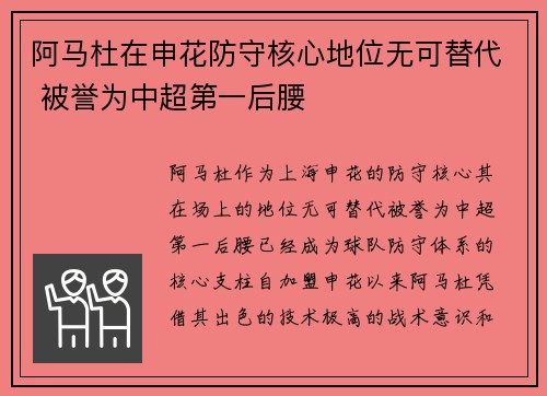 阿马杜在申花防守核心地位无可替代 被誉为中超第一后腰